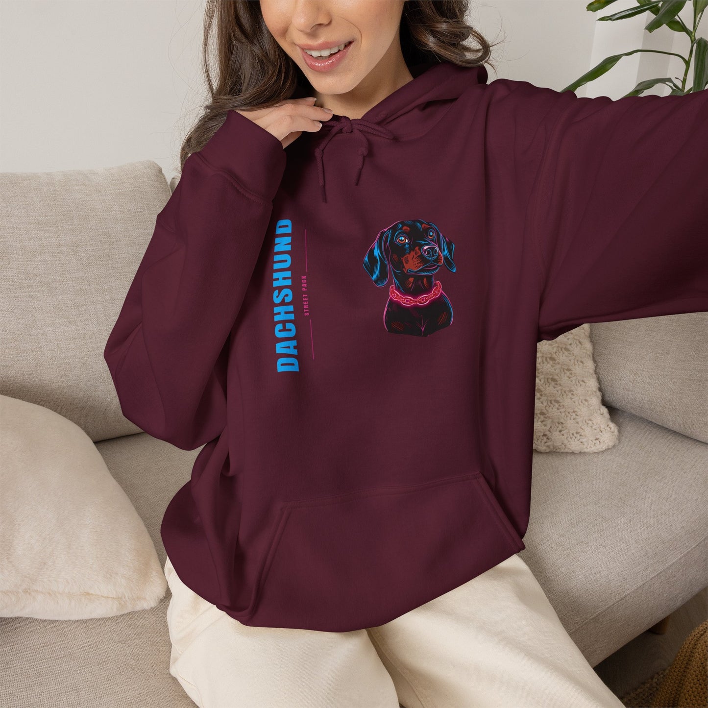 Dachshund streetwear hoodie shown on a model