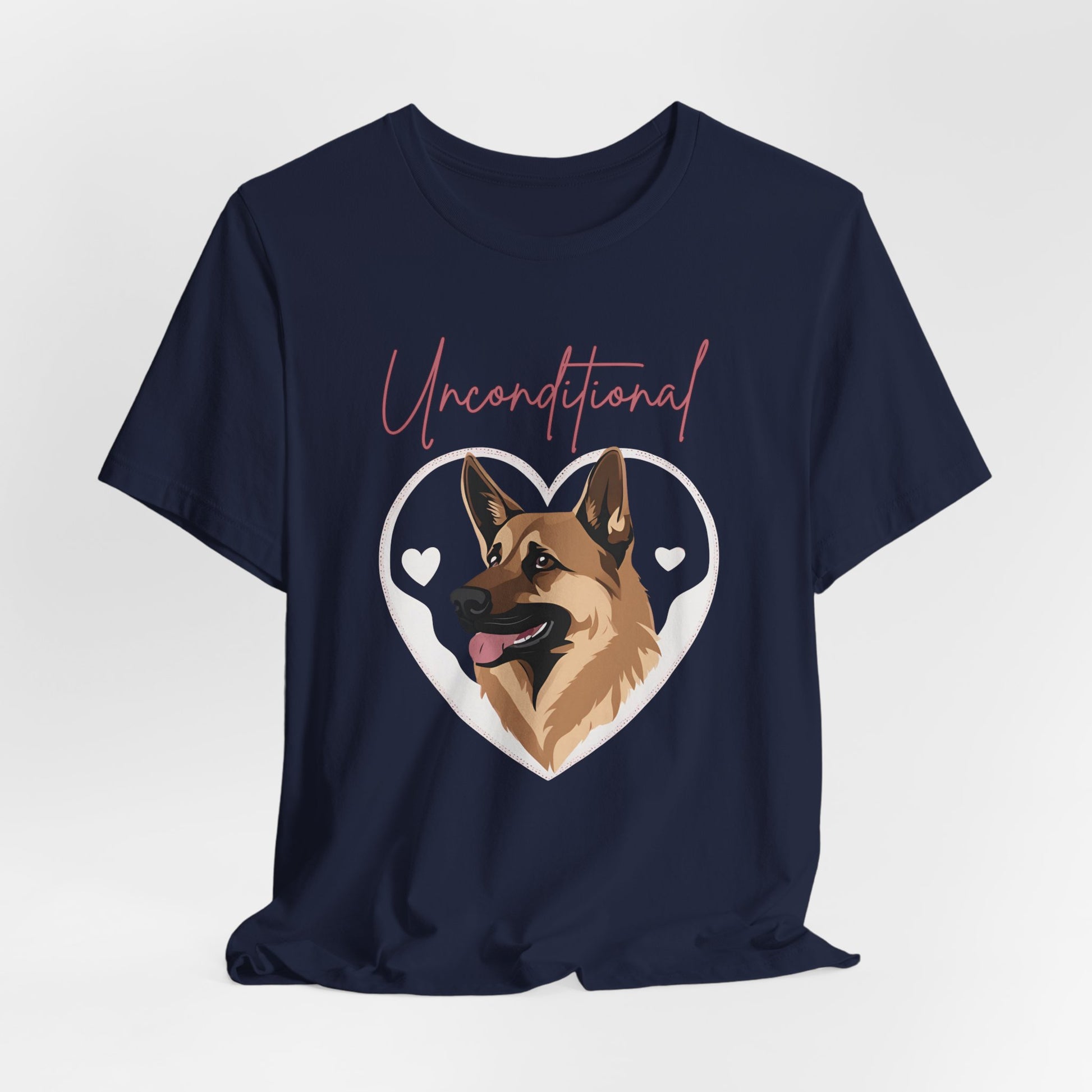 Unconditional Love German Shepherd t-shirt in Navy, hanging front view