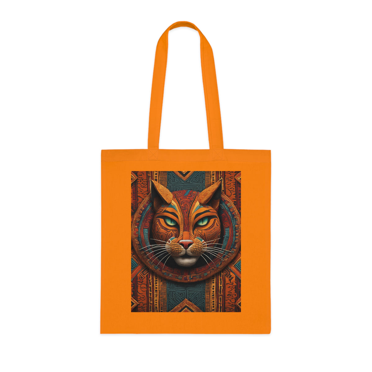 Egyptian cat design tote bag in orange, striking cat artwork on 100% cotton, 42x38cm with reinforced handles