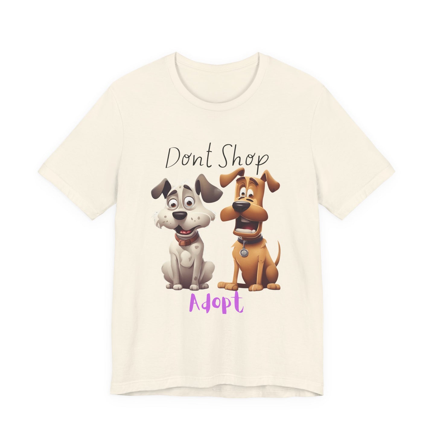 Don't Shop Adopt rescue dog t-shirt in Natural — two cartoon rescue dogs, organic unisex tee from Sniff Waggle And Walk