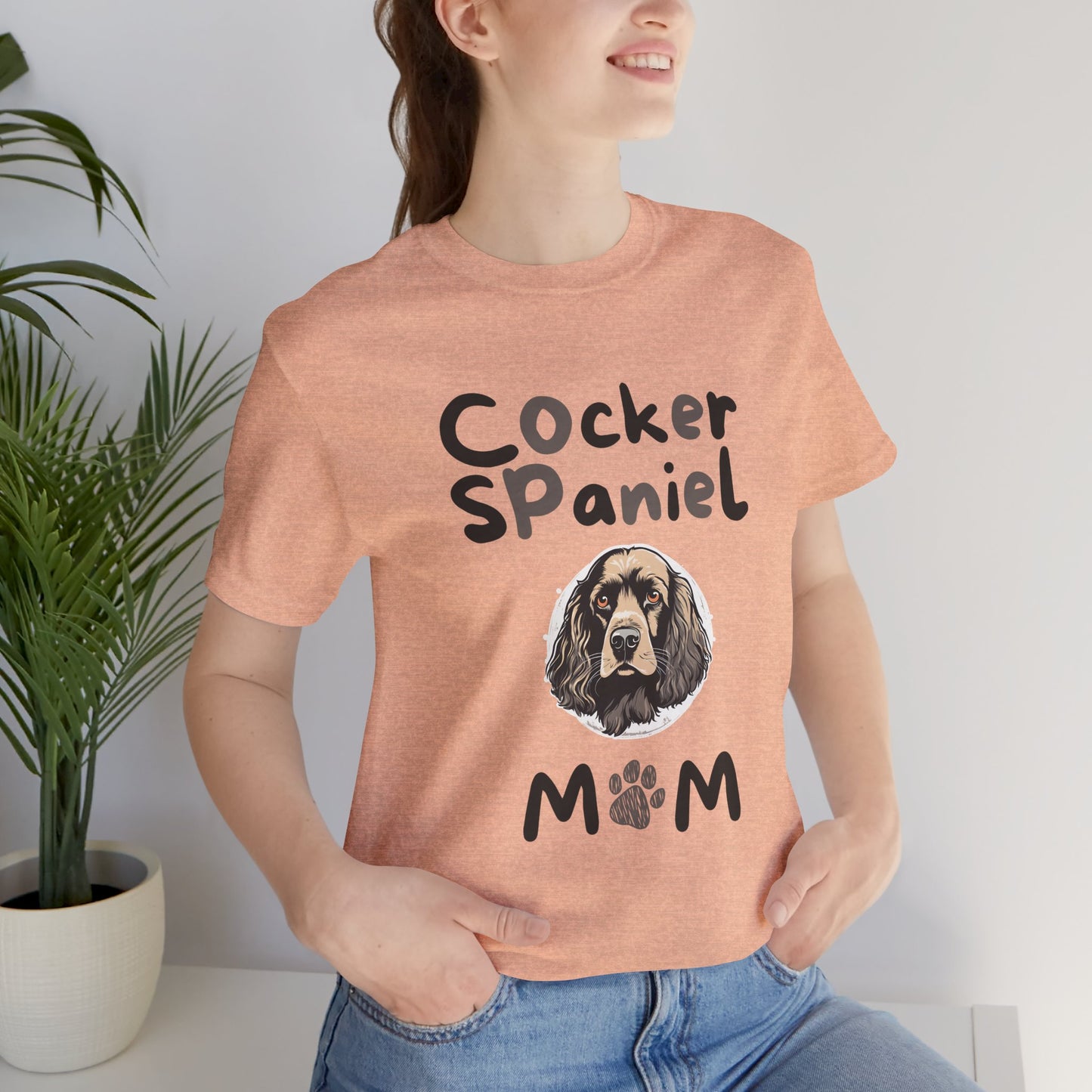 Cocker Spaniel Mum t-shirt in Heather Peach worn by a model, front view