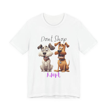 Don't Shop Adopt rescue dog t-shirt in White — two cartoon rescue dogs, organic unisex tee from Sniff Waggle And Walk