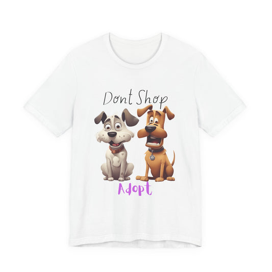 Don't Shop Adopt rescue dog t-shirt in White — two cartoon rescue dogs, organic unisex tee from Sniff Waggle And Walk