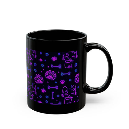 Neon cat mug with coffee on a desk
