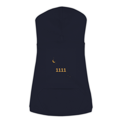 1111 Angel Number dog hoodie in Navy — moon and stars emblem with '1111' print on Doggie Skins fleece pullover