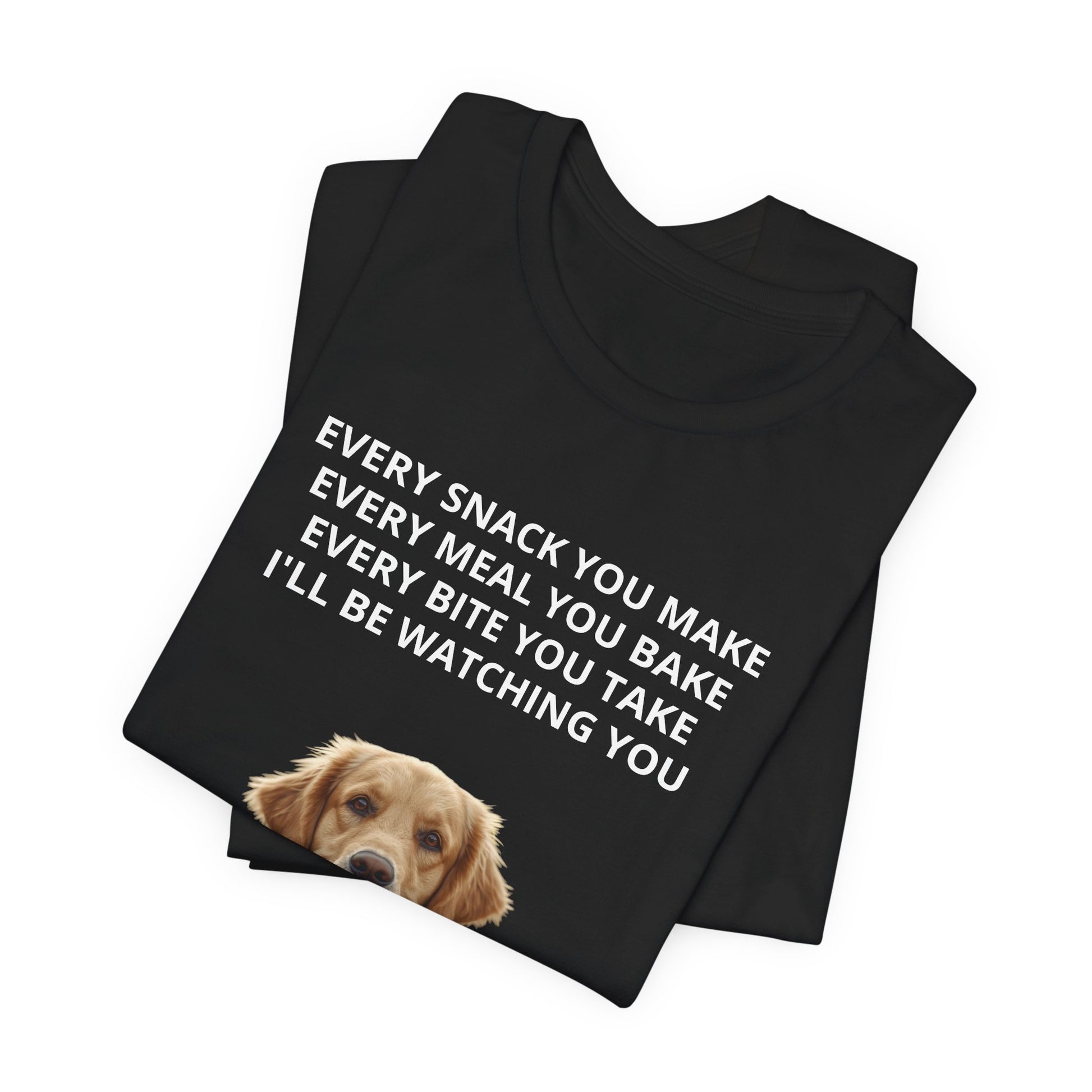 Personalized dog photo t-shirt in Black, folded stack showing design corner