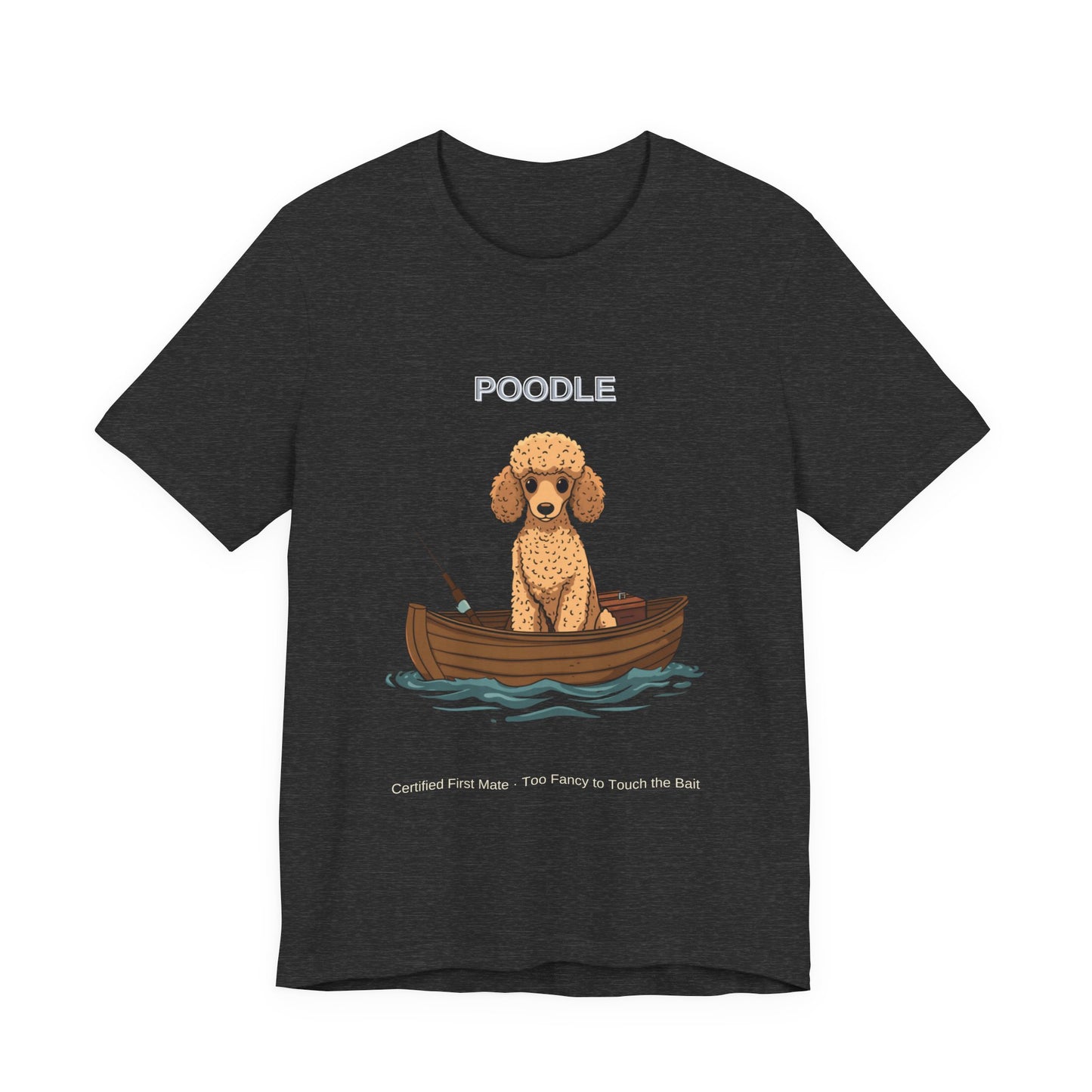 Poodle Fishing Buddy t-shirt worn by model, seated shot