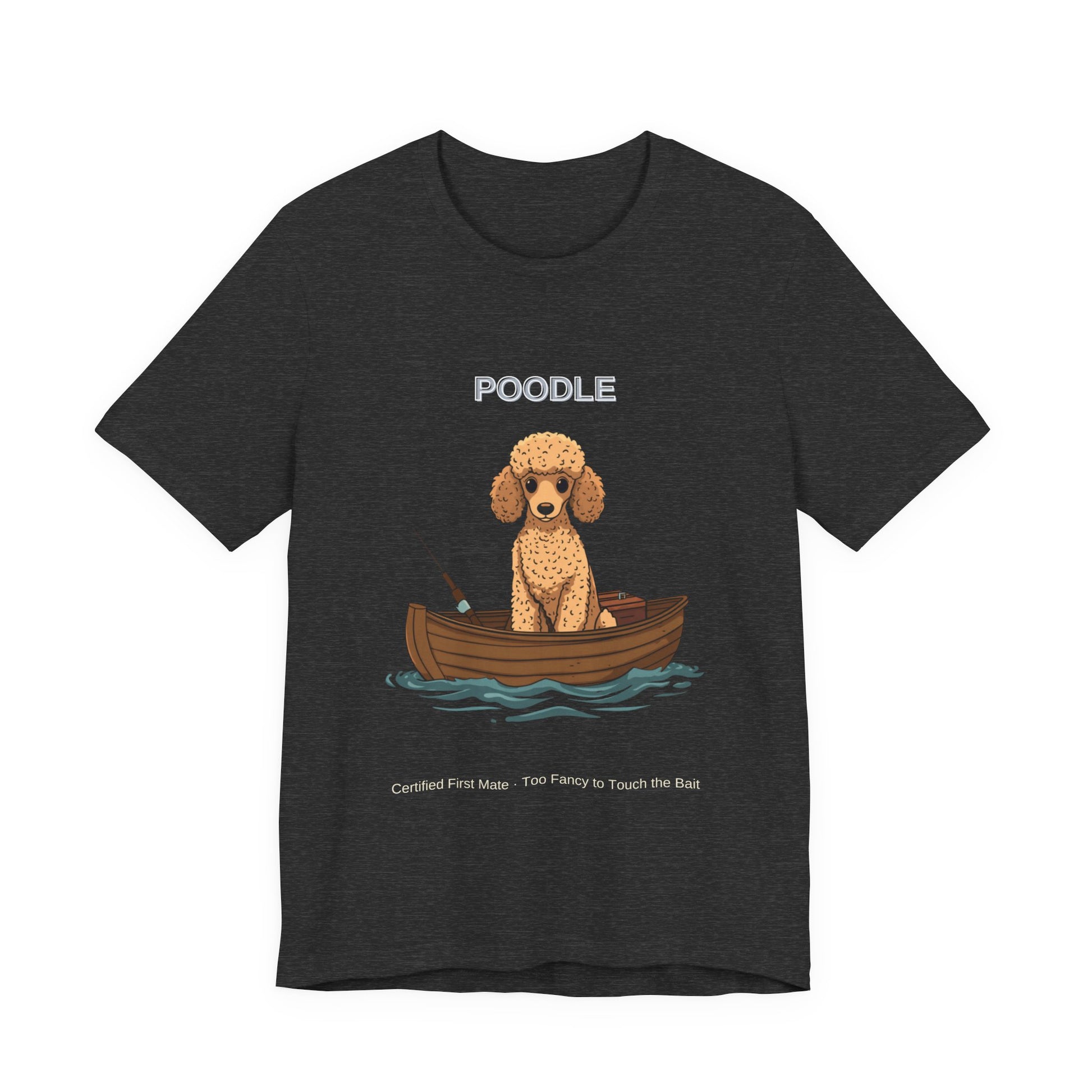 Poodle Fishing Buddy t-shirt worn by model, seated shot