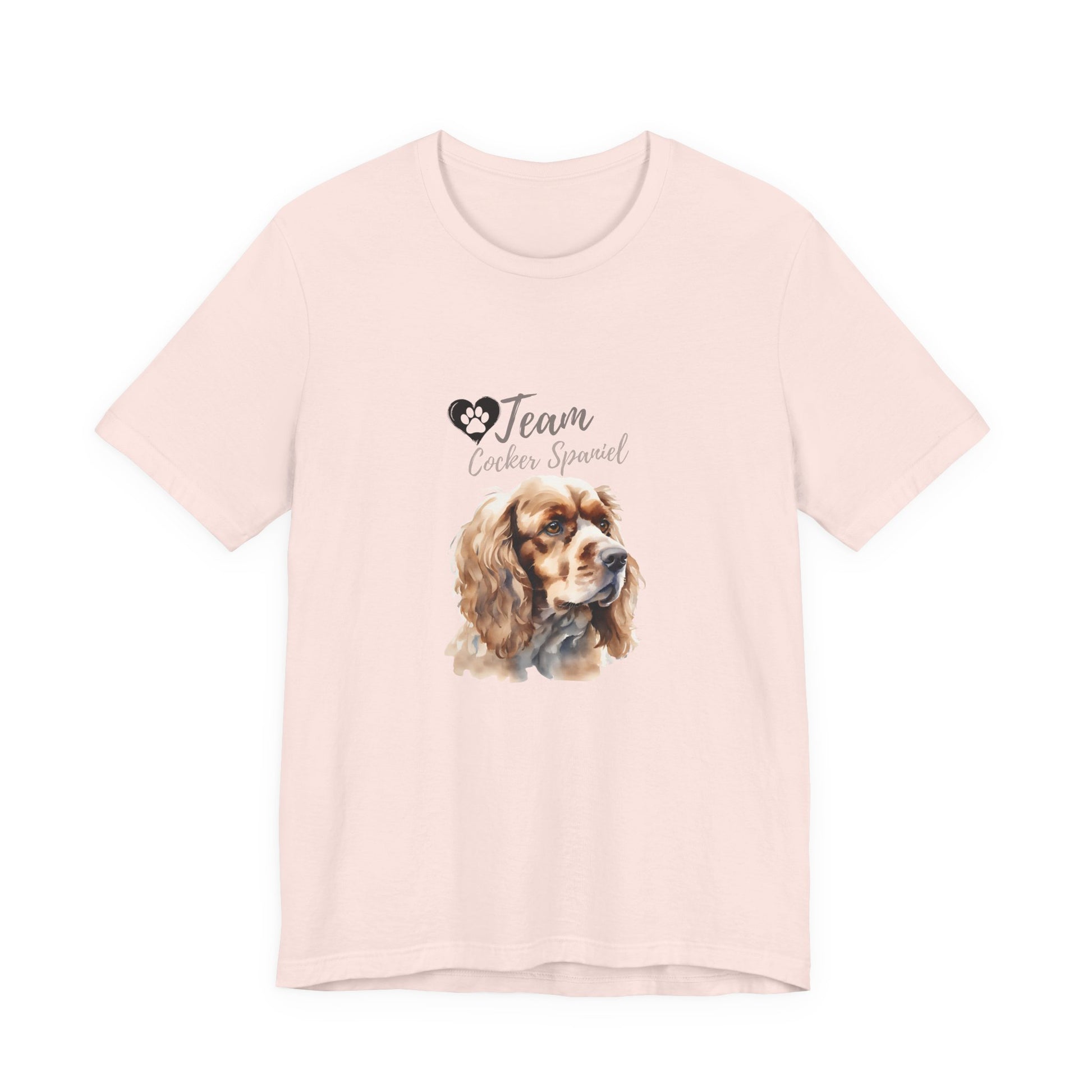Team Cocker Spaniel watercolour t-shirt in Soft Pink, flat lay front view