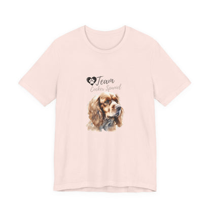 Team Cocker Spaniel watercolour t-shirt in Soft Pink, flat lay front view