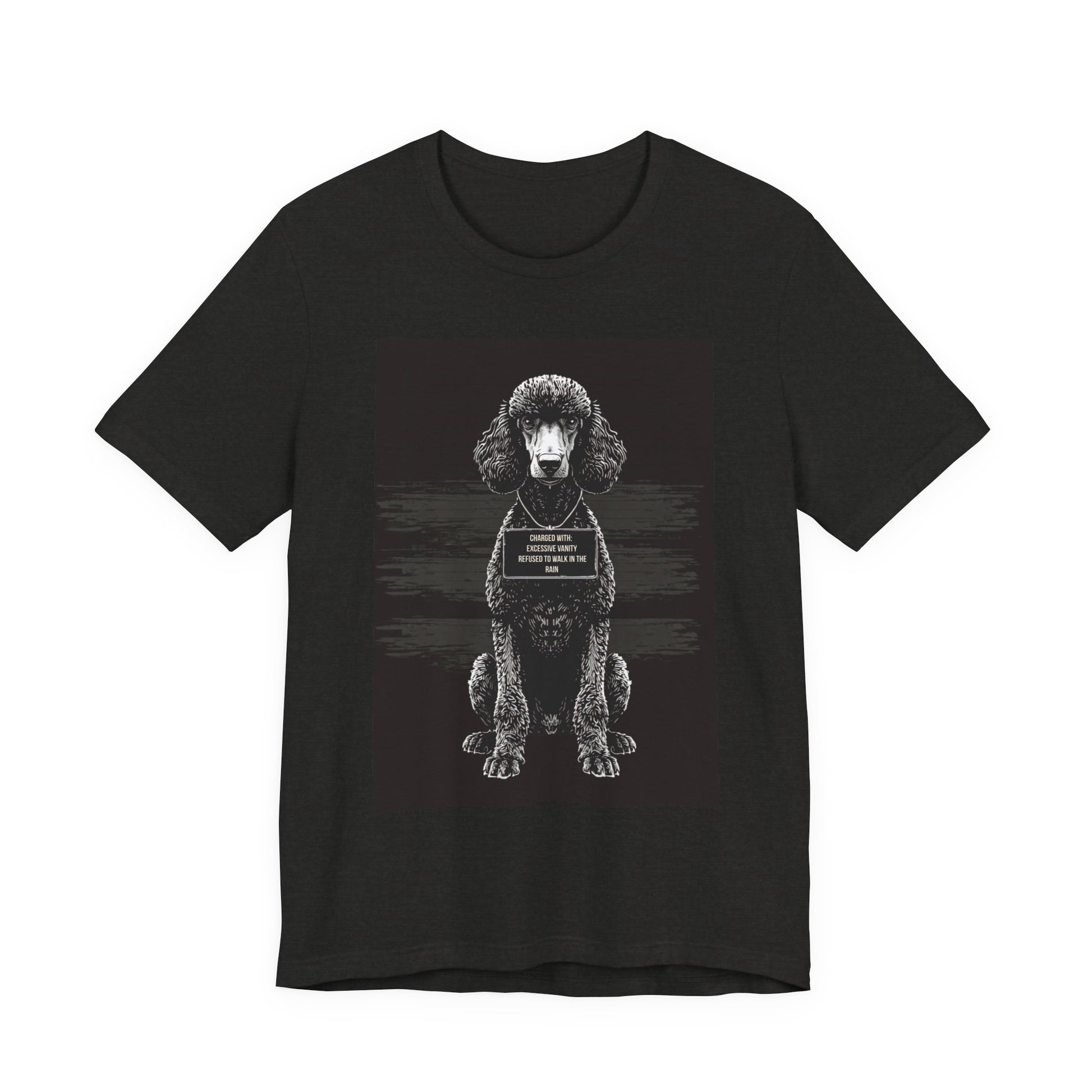 Model wearing the Poodle True Crime Night Shift tee, front pose