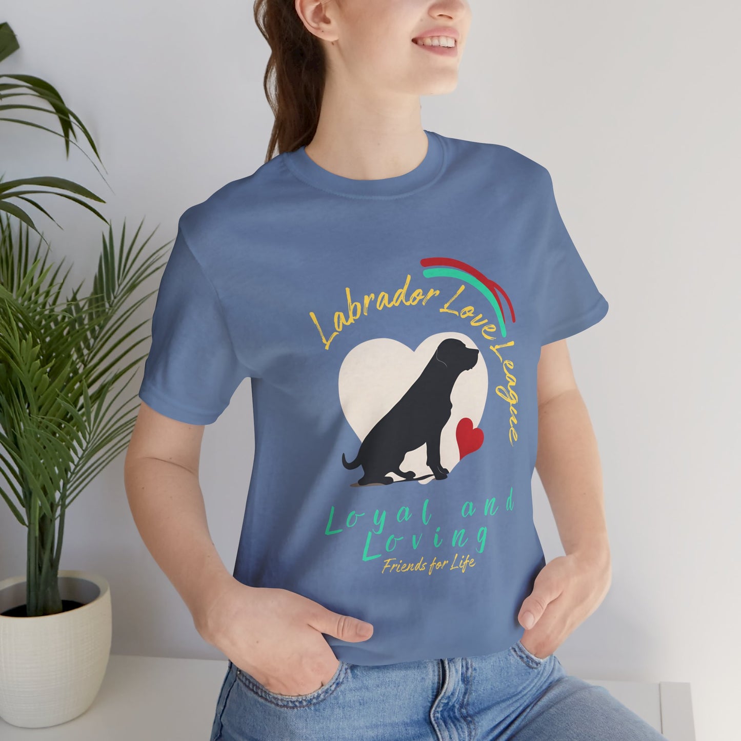 Woman wearing Steel Blue Labrador Love League t-shirt with Lab heart graphic