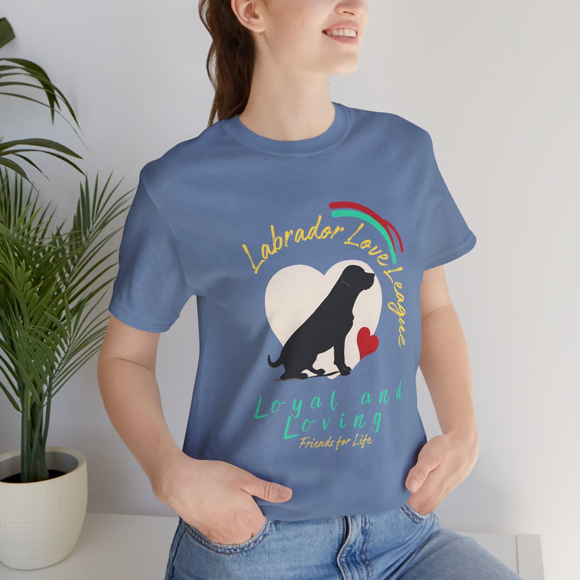 Woman wearing Steel Blue Labrador Love League t-shirt with Lab heart graphic