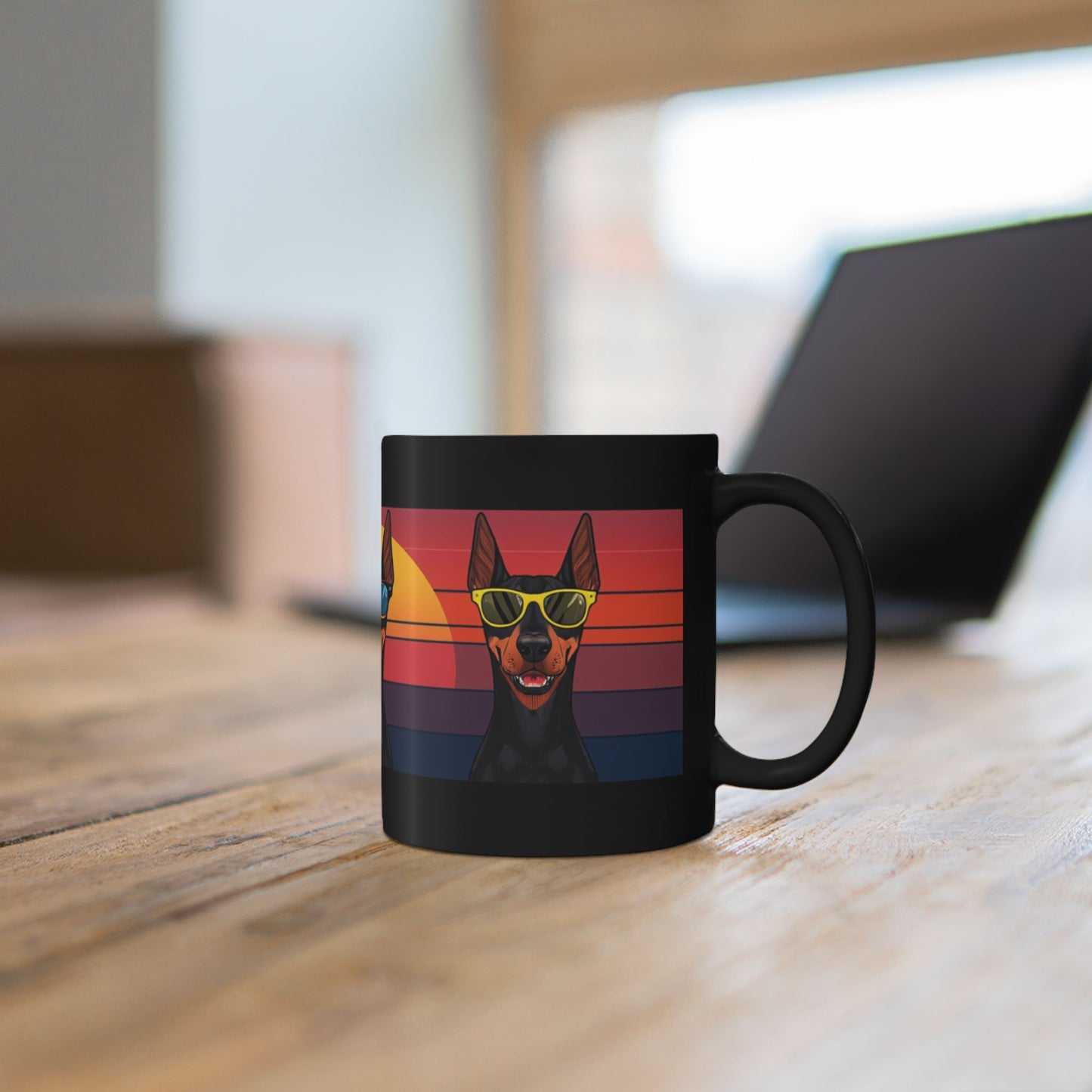 Cool Doberman Sunglasses Mug — Sunset Black Coffee Cup (11oz & 15oz)