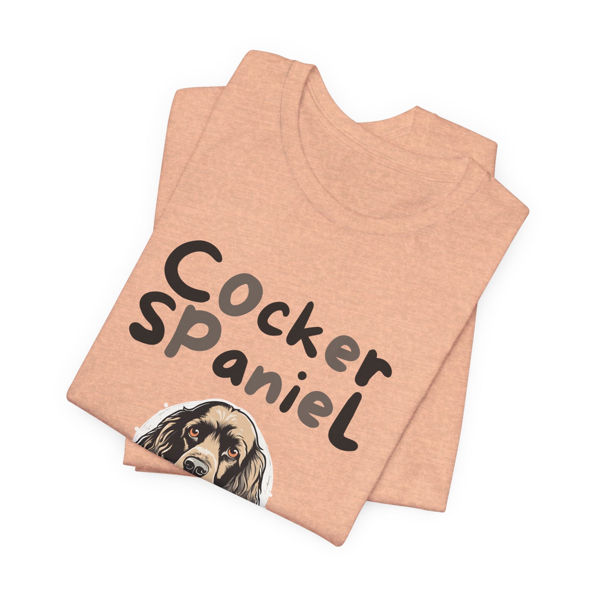 Cocker Spaniel Mum t-shirt in Heather Peach, folded view showing spaniel portrait print