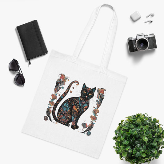 Lightweight cat cotton tote in black — adorable cat design with sharp contrast