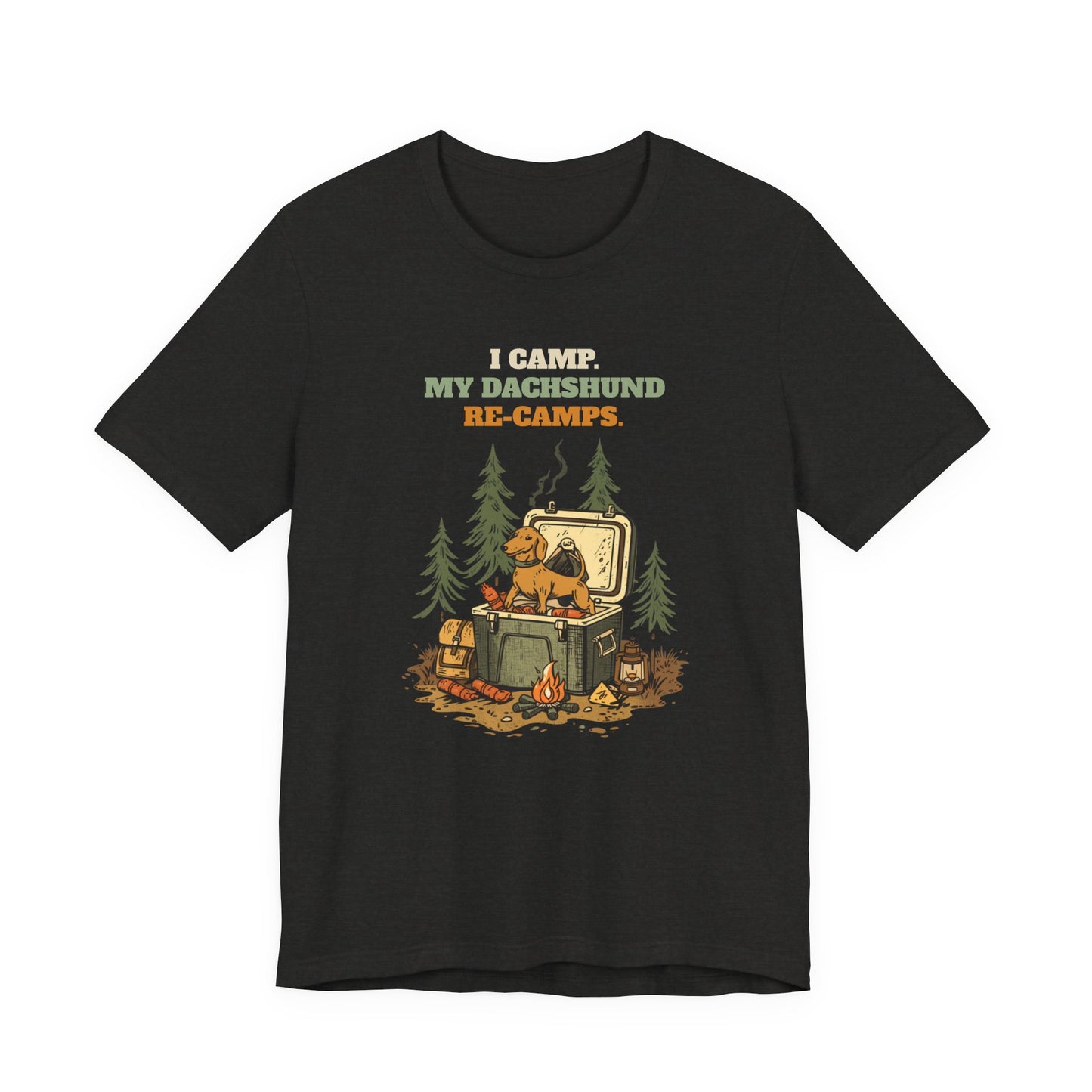 Dachshund camping t-shirt Black colourway
