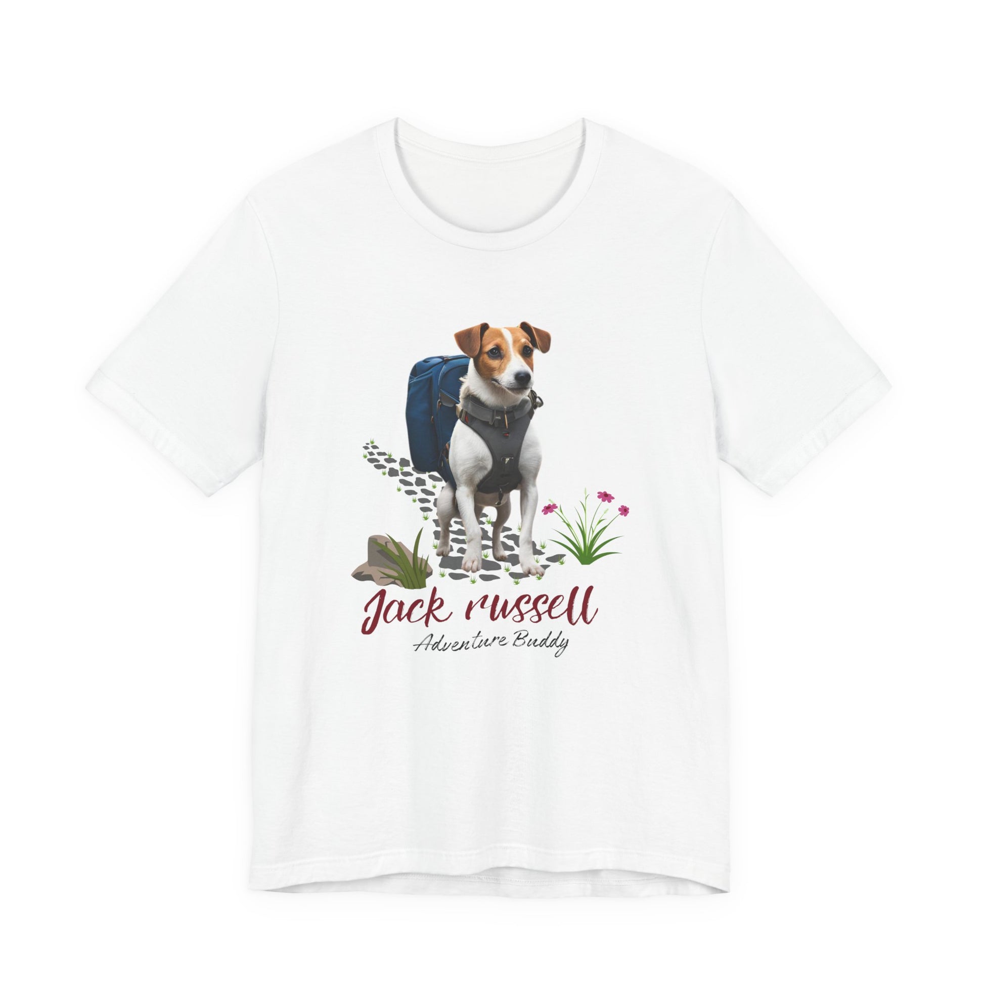 Jack Russell Adventure Buddy t-shirt in White — hiking dog with backpack graphic tee, front view