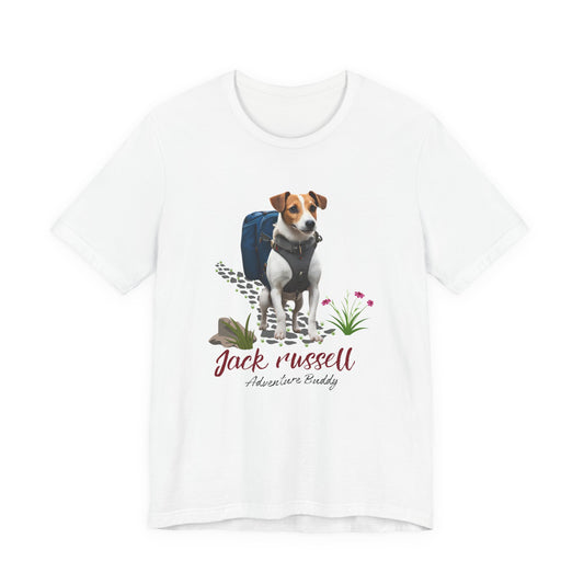 Jack Russell Adventure Buddy t-shirt in White — hiking dog with backpack graphic tee, front view