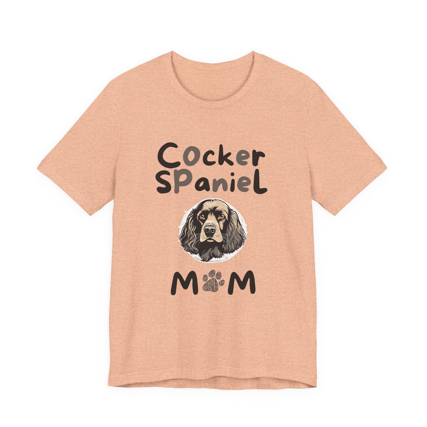 Cocker Spaniel Mum t-shirt in Heather Peach with paw-print MUM design, flat lay front view