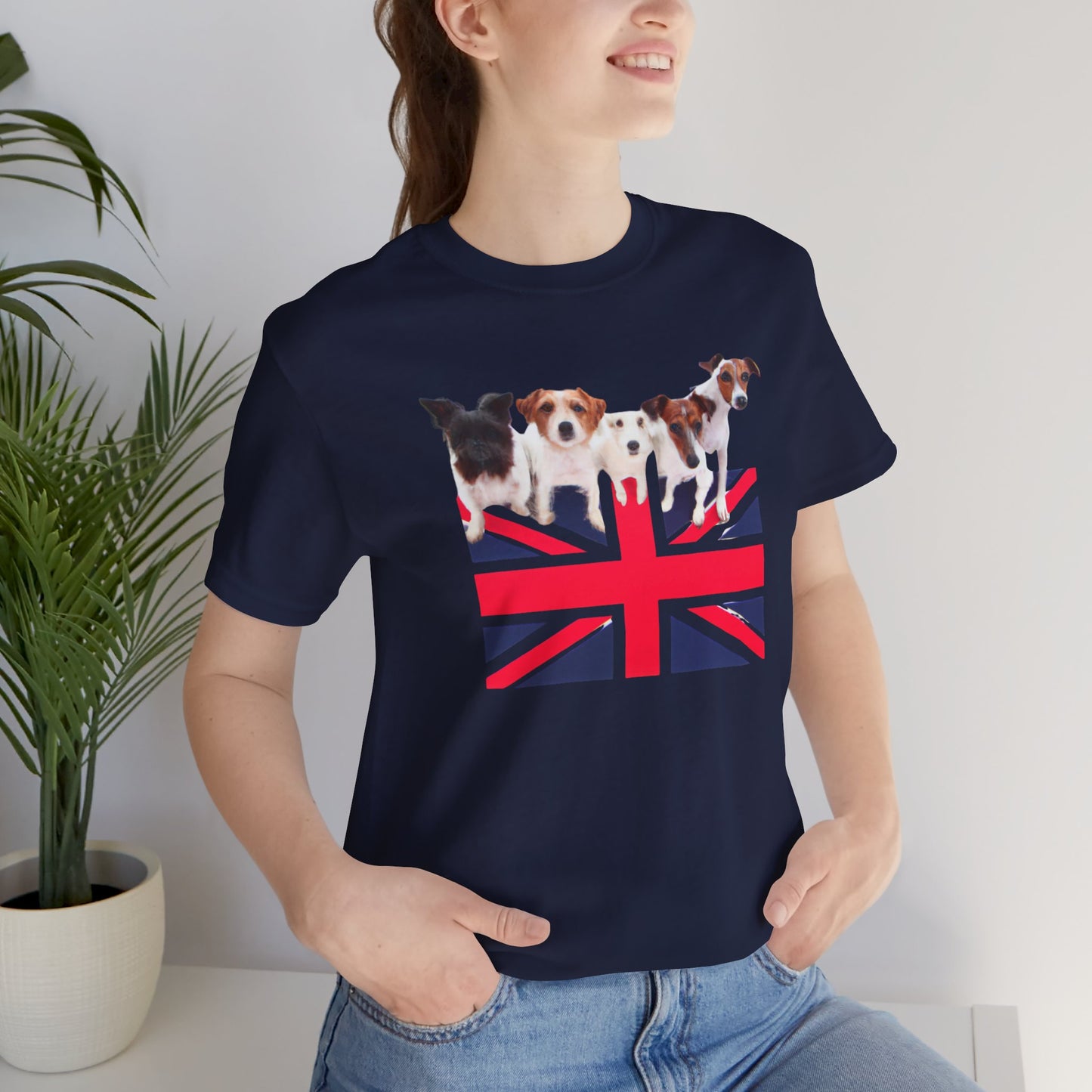 Union Jack Dog Pack T-Shirt in Navy — Union Jack flag with a pack of Jack Russell terriers