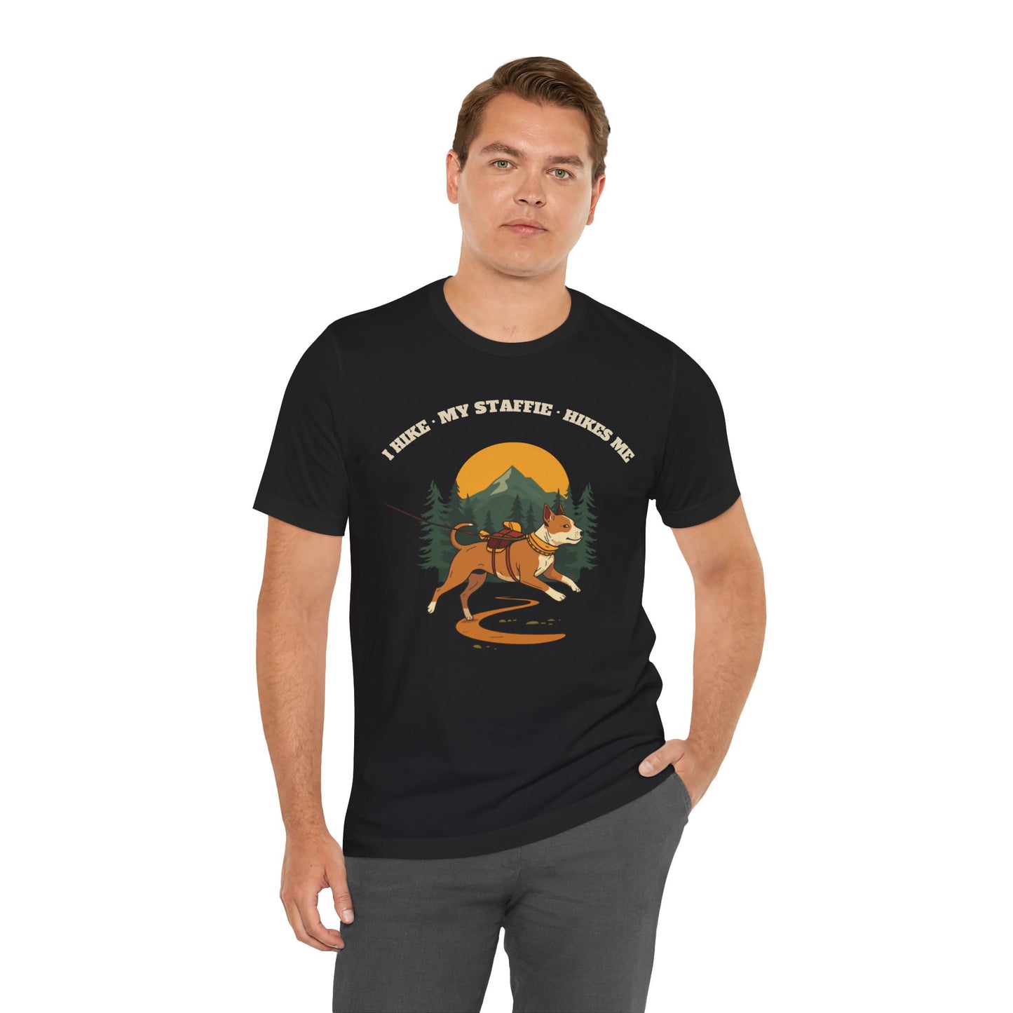 I Hike. My Staffie Hikes Me. hiking dog t-shirt worn by a woman on the trail
