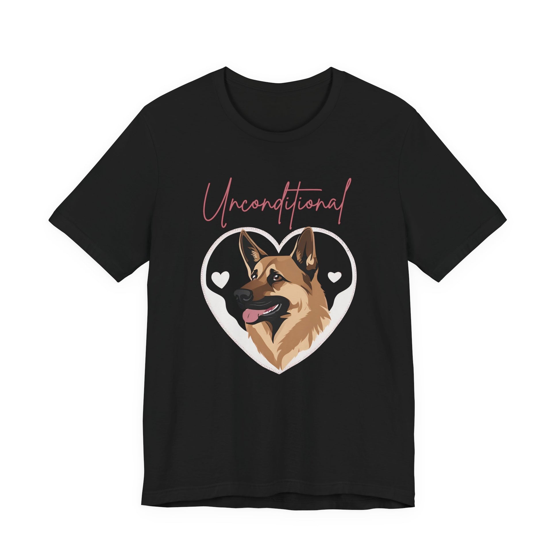 Unconditional Love German Shepherd t-shirt in Black, flat lay front view