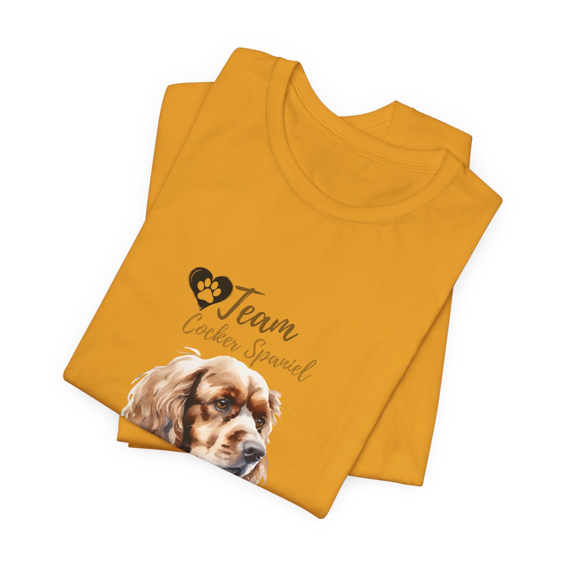 Team Cocker Spaniel watercolour t-shirt in Mustard, folded view showing print