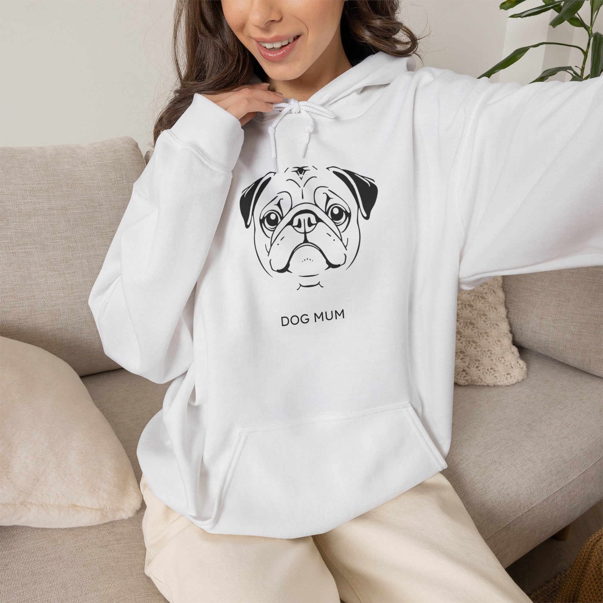 Pug Dog Mum line art hoodie in White
