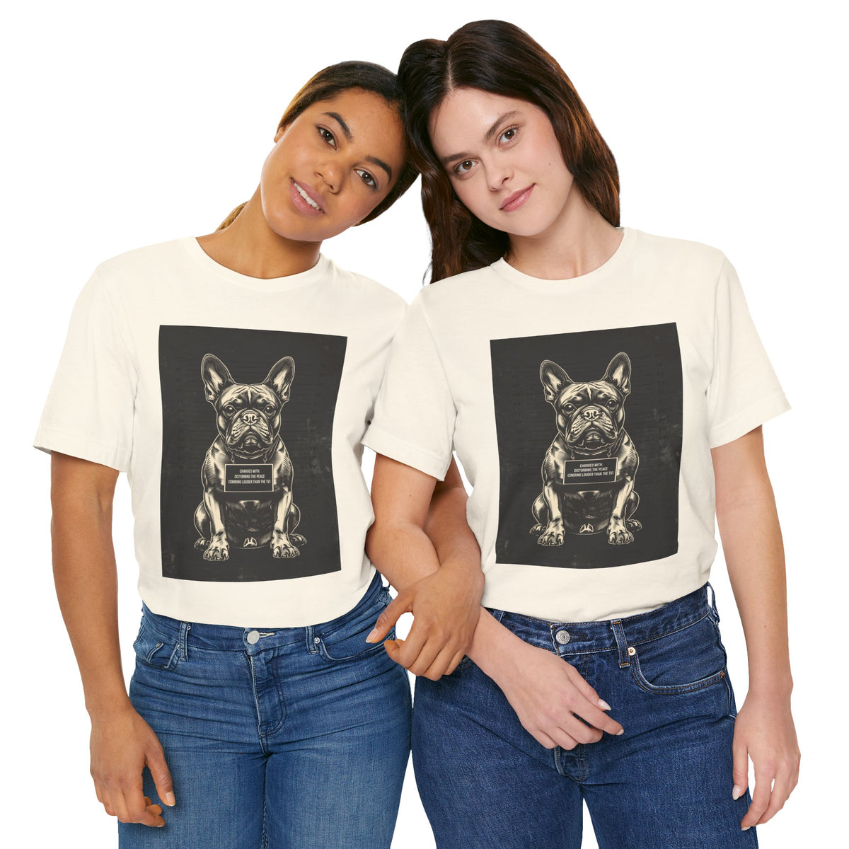 Model wearing the French Bulldog True Crime Night Shift tee, black, side angle