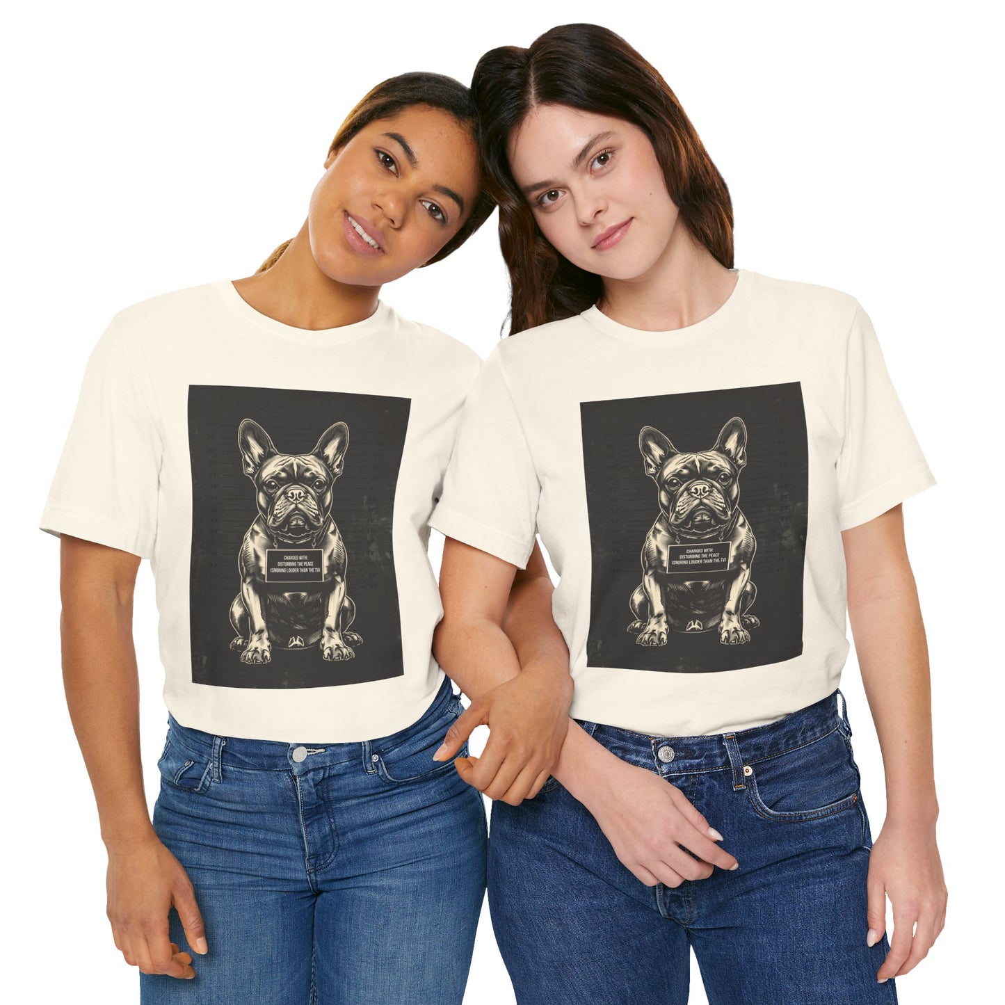 Model wearing the French Bulldog True Crime Night Shift tee, black, side angle