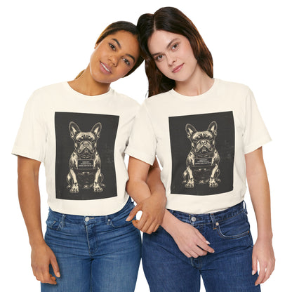 Model wearing the French Bulldog True Crime Night Shift tee, black, side angle