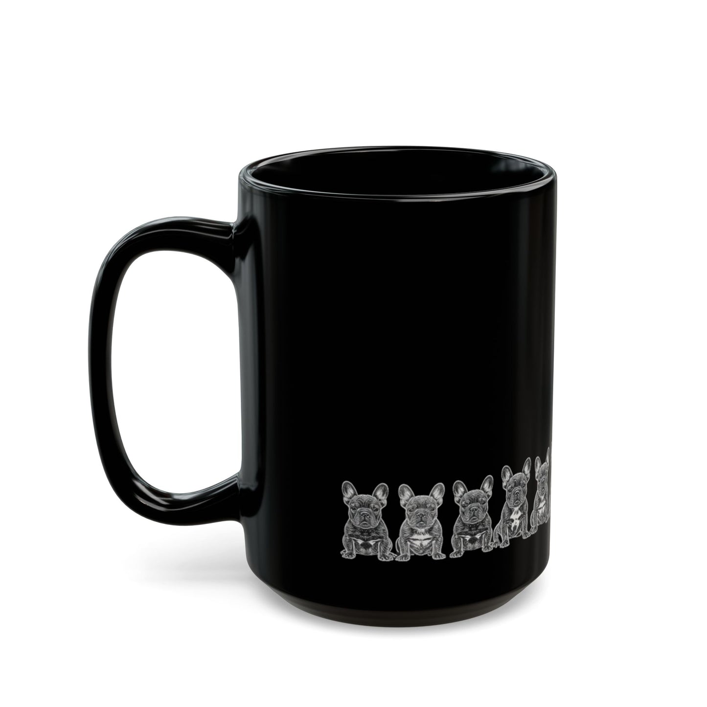 Black Ceramic Mug with Cute Grey French Bulldog Lineup — 11oz & 15oz