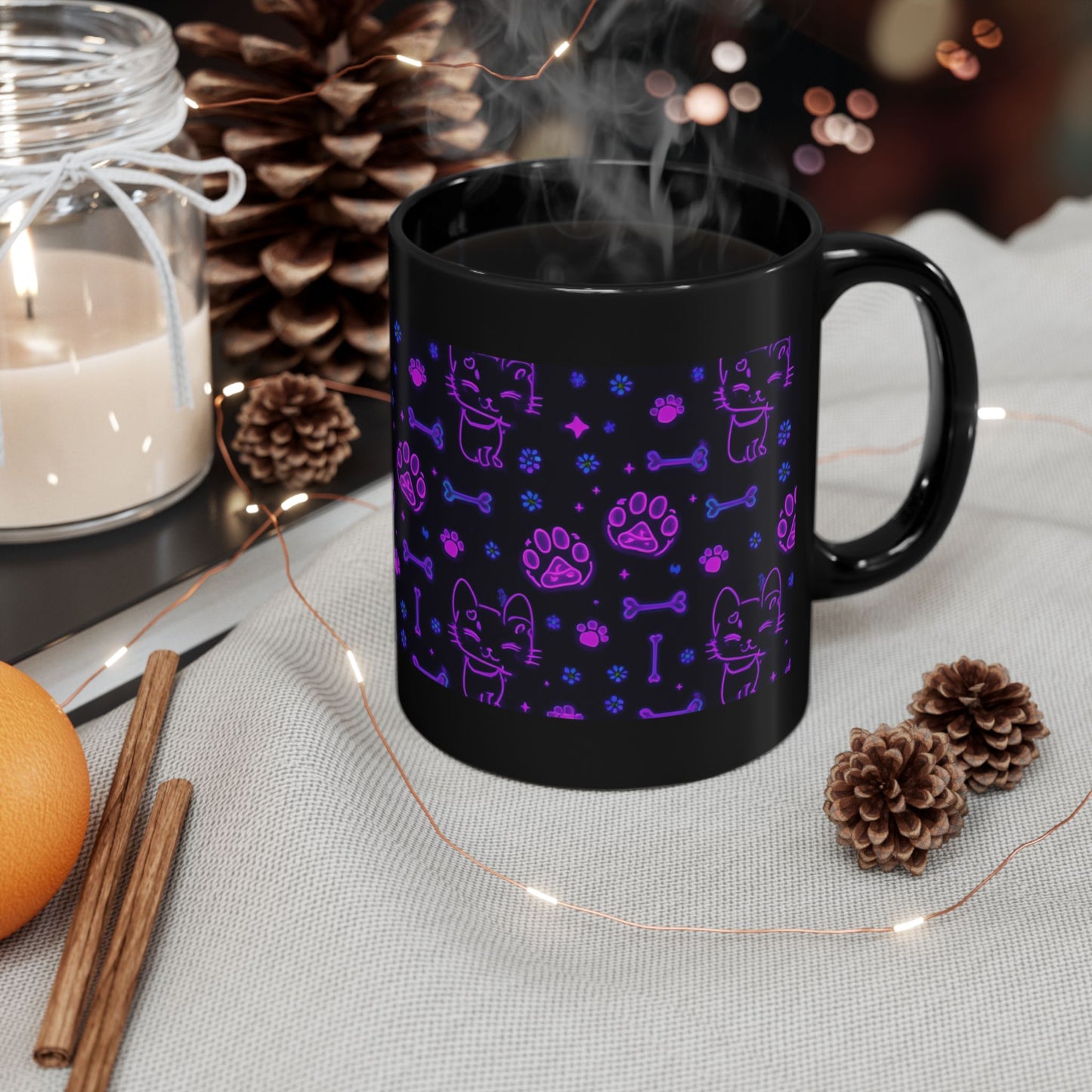 Neon cat Pattern Mug – Black Coffee Cup (11oz/15oz)