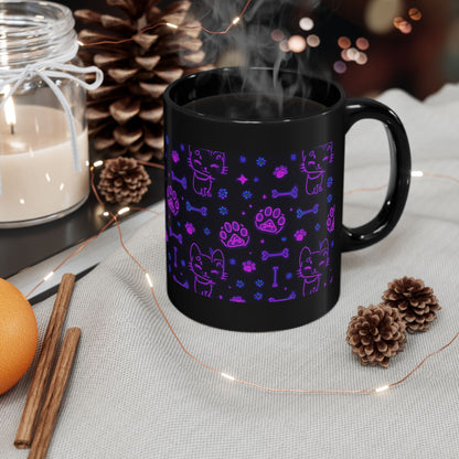 Neon cat pattern black ceramic mug — cat lover gift