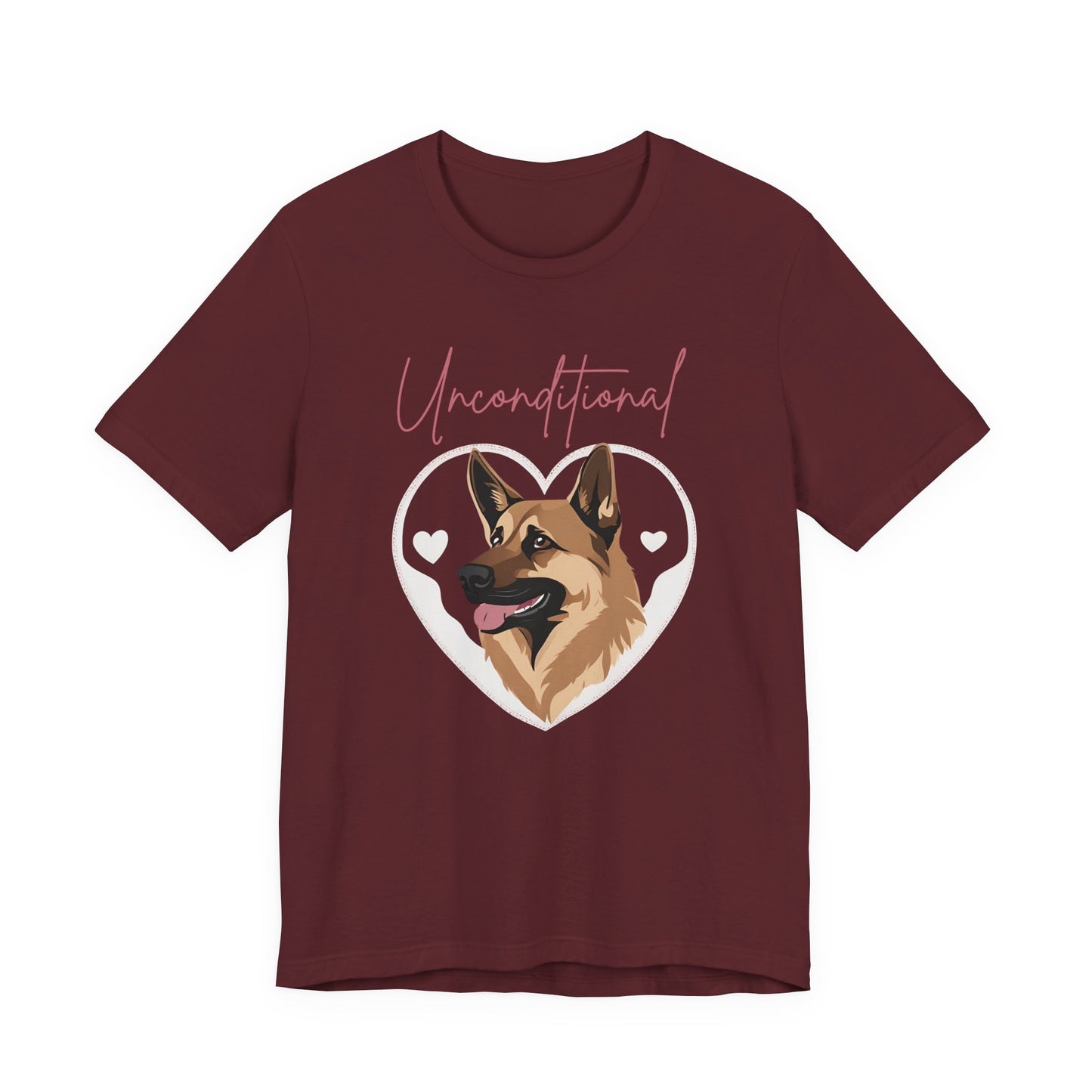 Unconditional Love German Shepherd t-shirt in Maroon, flat lay front view