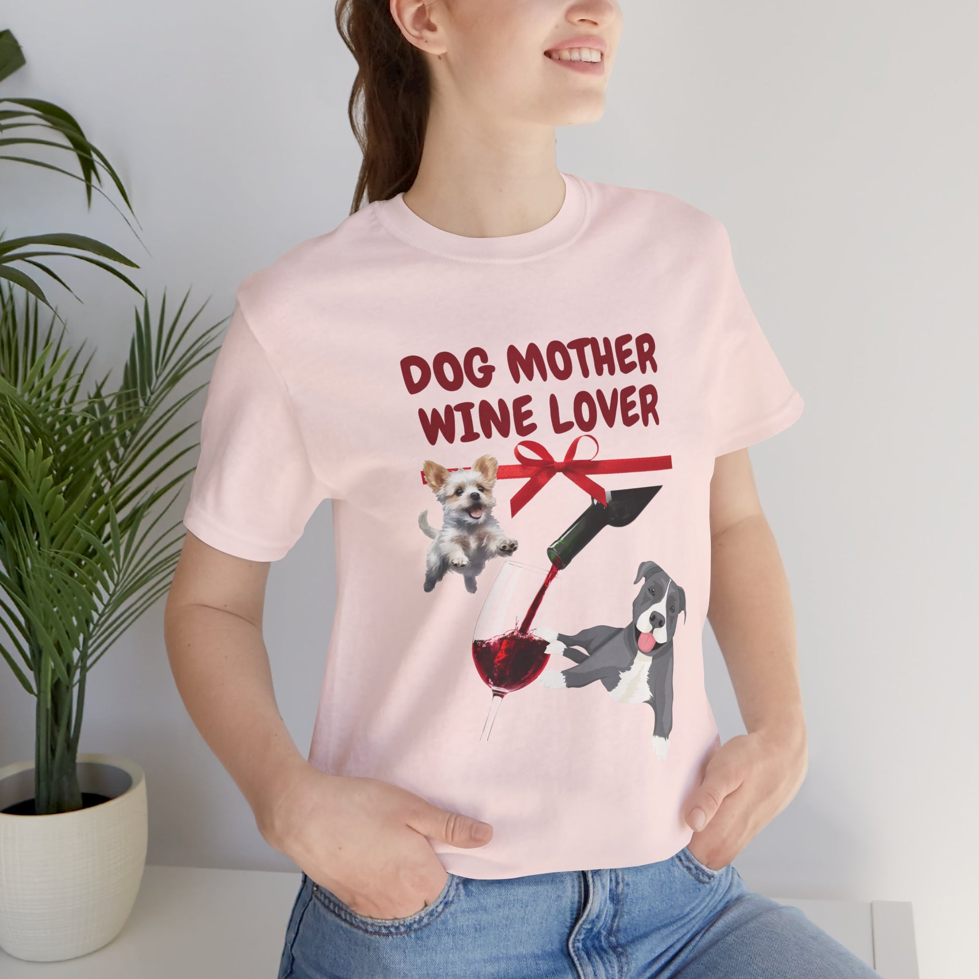 Dog Mother Wine Lover t-shirt on a hanger, full garment view