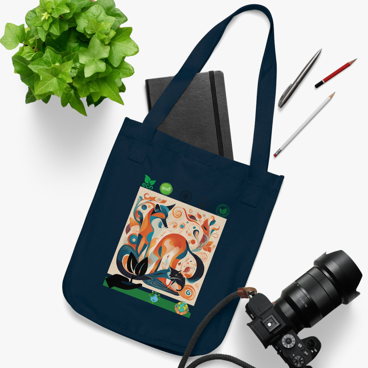 Forest dog art organic tote bag shown as an eco-conscious gift for outdoor dog lovers