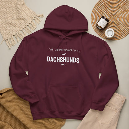 Funny dachshund hoodie front view, Easily Distracted by Dachshunds slogan