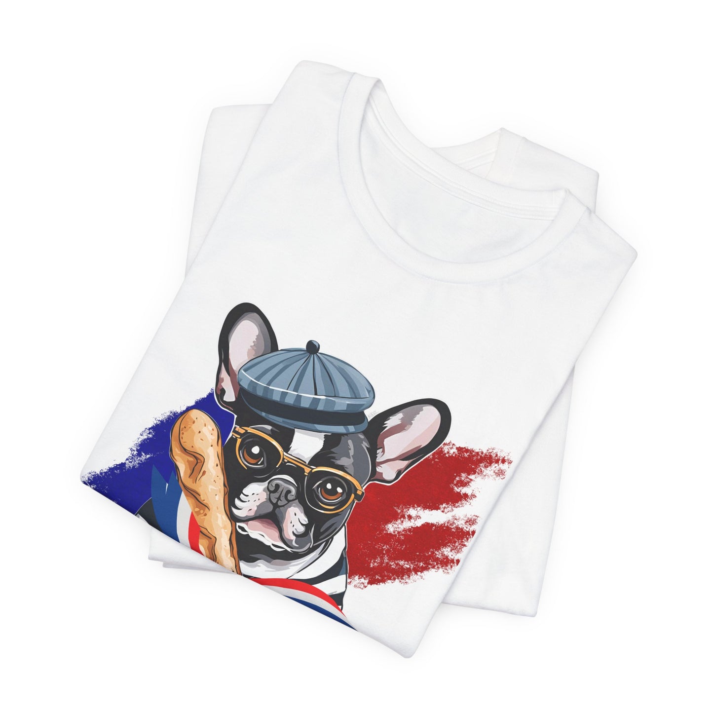 French Bulldog with Baguette T-Shirt — Red model shot, Bella+Canvas unisex retail fit — SniffWaggleNWalk™