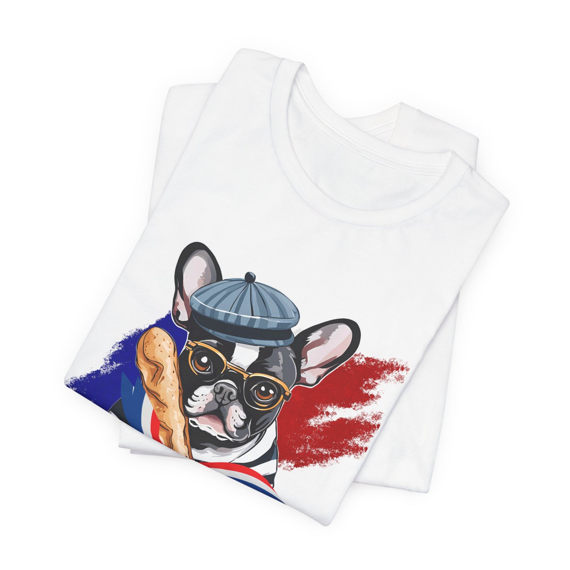 French Bulldog with Baguette T-Shirt — Red model shot, Bella+Canvas unisex retail fit — SniffWaggleNWalk™