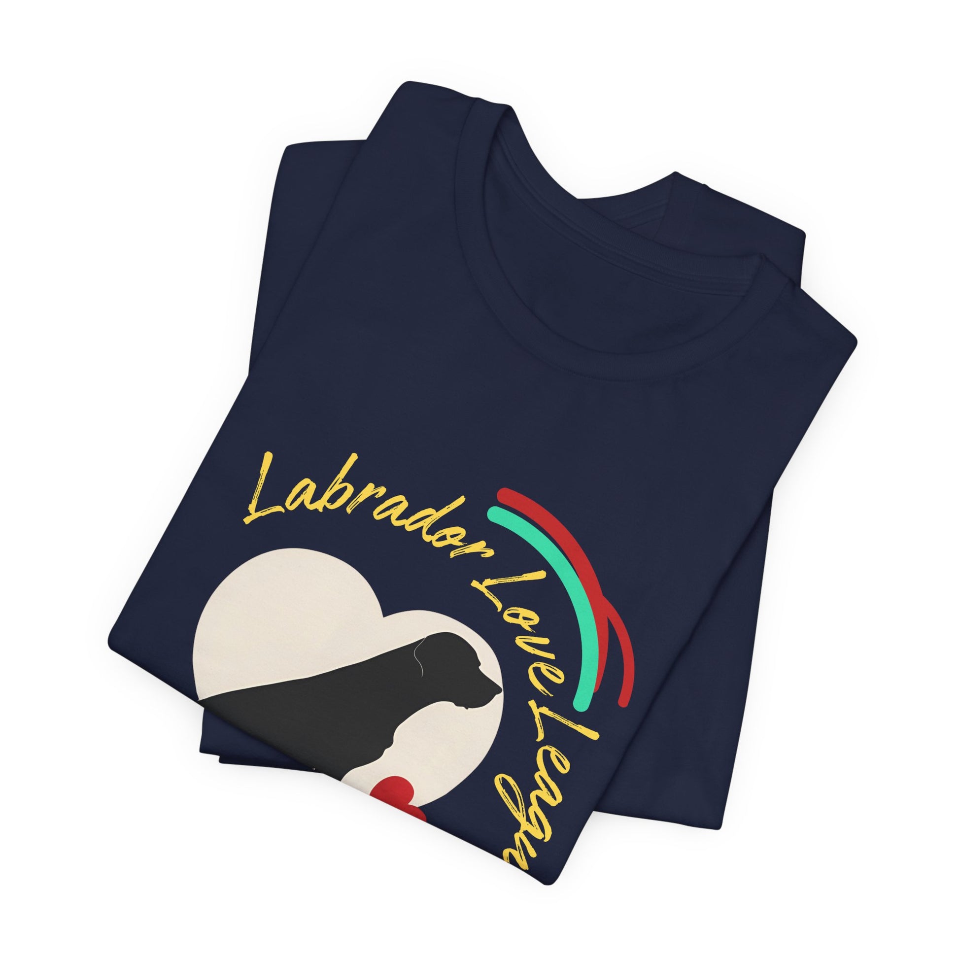 Folded Navy Labrador Love League t-shirt with black Lab heart design
