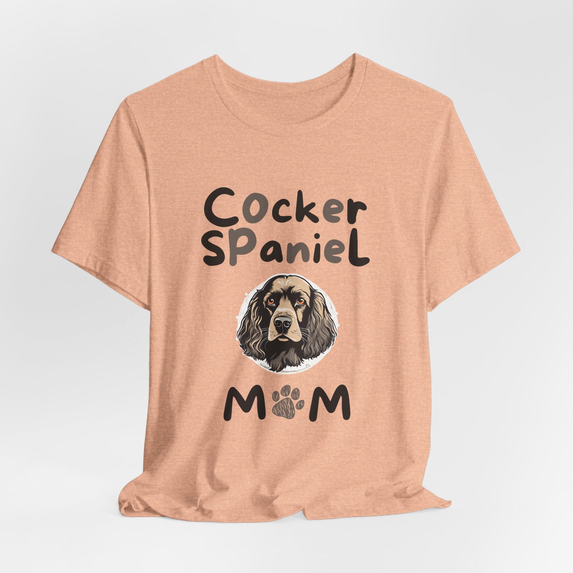 Cocker Spaniel Mum t-shirt in Heather Peach, hanging front view
