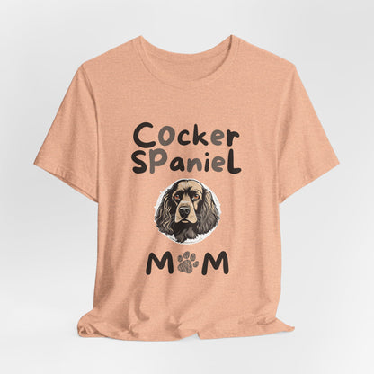 Cocker Spaniel Mum t-shirt in Heather Peach, hanging front view