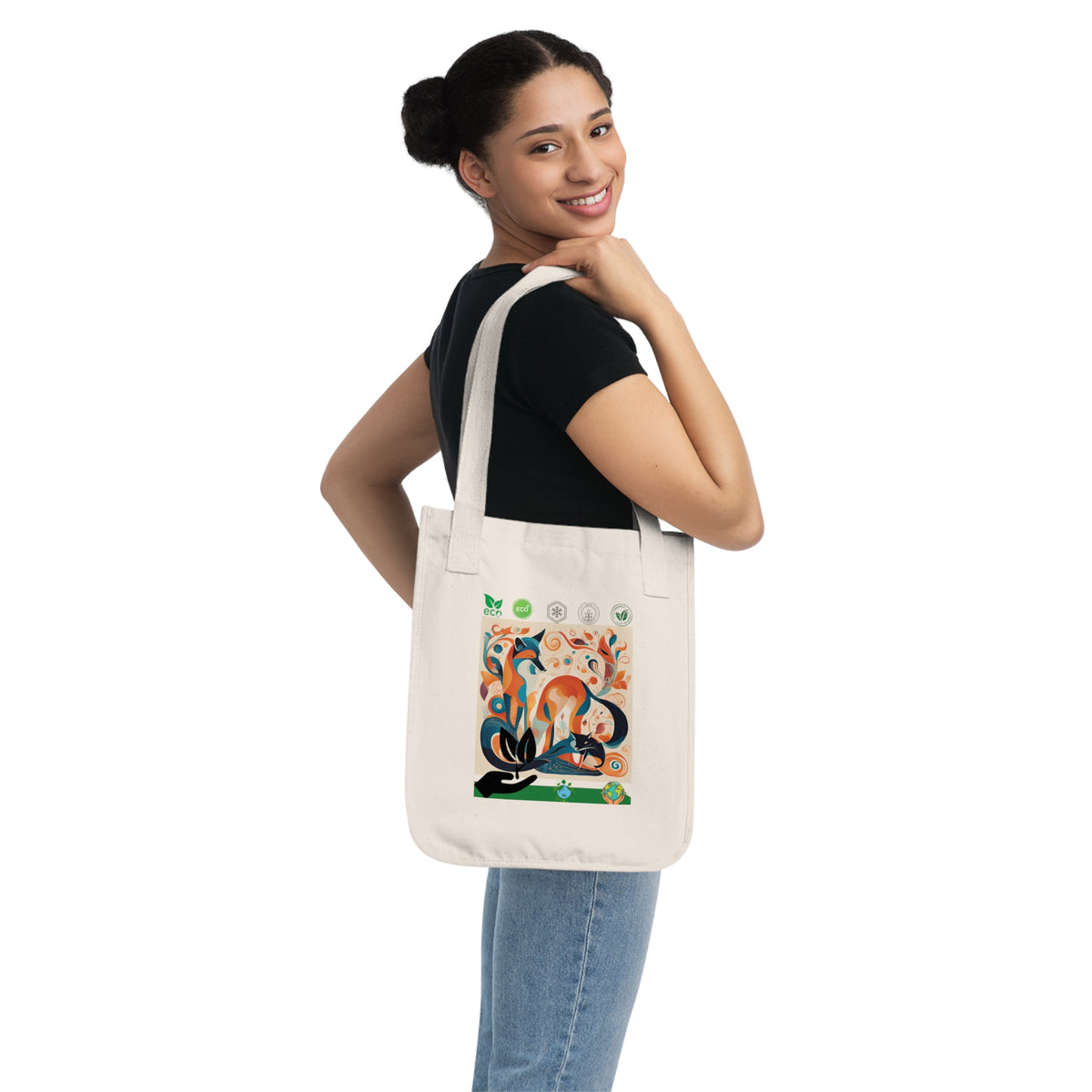 Organic forest dog art tote in navy colourway — front view on white background