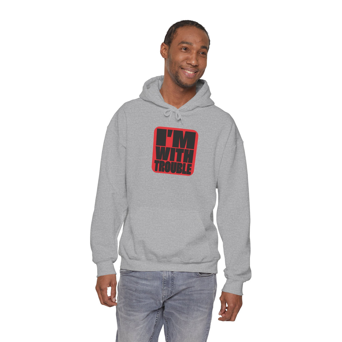 I'm With Trouble Hoodie — bold red graphic on cosy unisex pullover, product photo