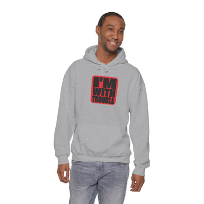 I'm With Trouble Hoodie — bold red graphic on cosy unisex pullover, product photo