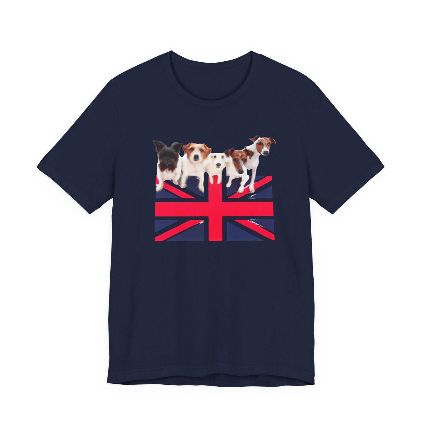 Union Jack Dog Pack T-Shirt — close-up of Union Jack flag and terrier print