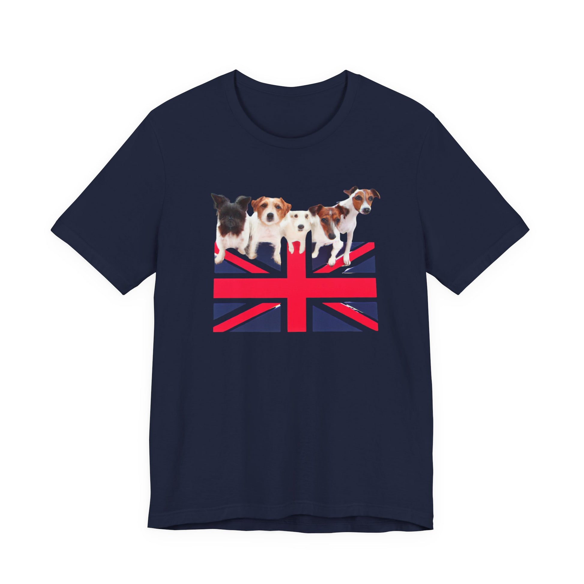 Union Jack Dog Pack T-Shirt — close-up of Union Jack flag and terrier print