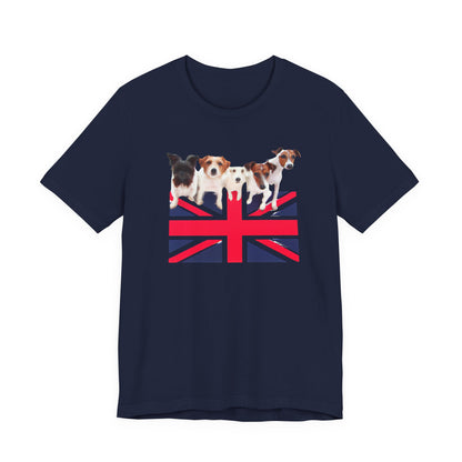 Union Jack Dog Pack T-Shirt — close-up of Union Jack flag and terrier print